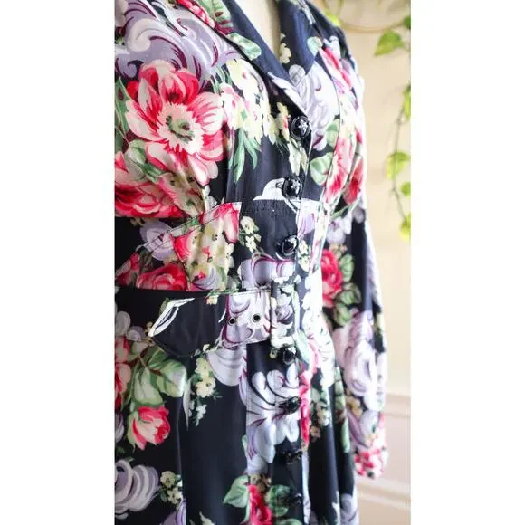 Vintage 1980s Shirt Dress 80s KAREN ALEXANDER Floral Black Maxi Shirtwaist